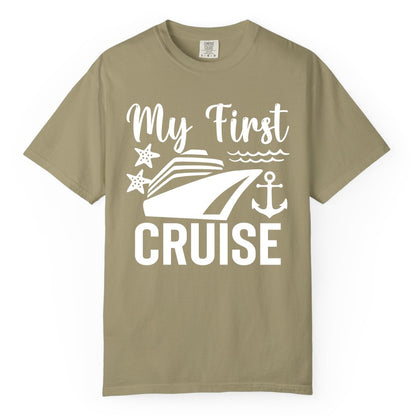 My First Cruise Shirt - Nautical Tee for First Time Cruisers (Comfort Color) in Khaki - My First Cruise Shirt - Nautical Ship Anchor Starfish Waves Design