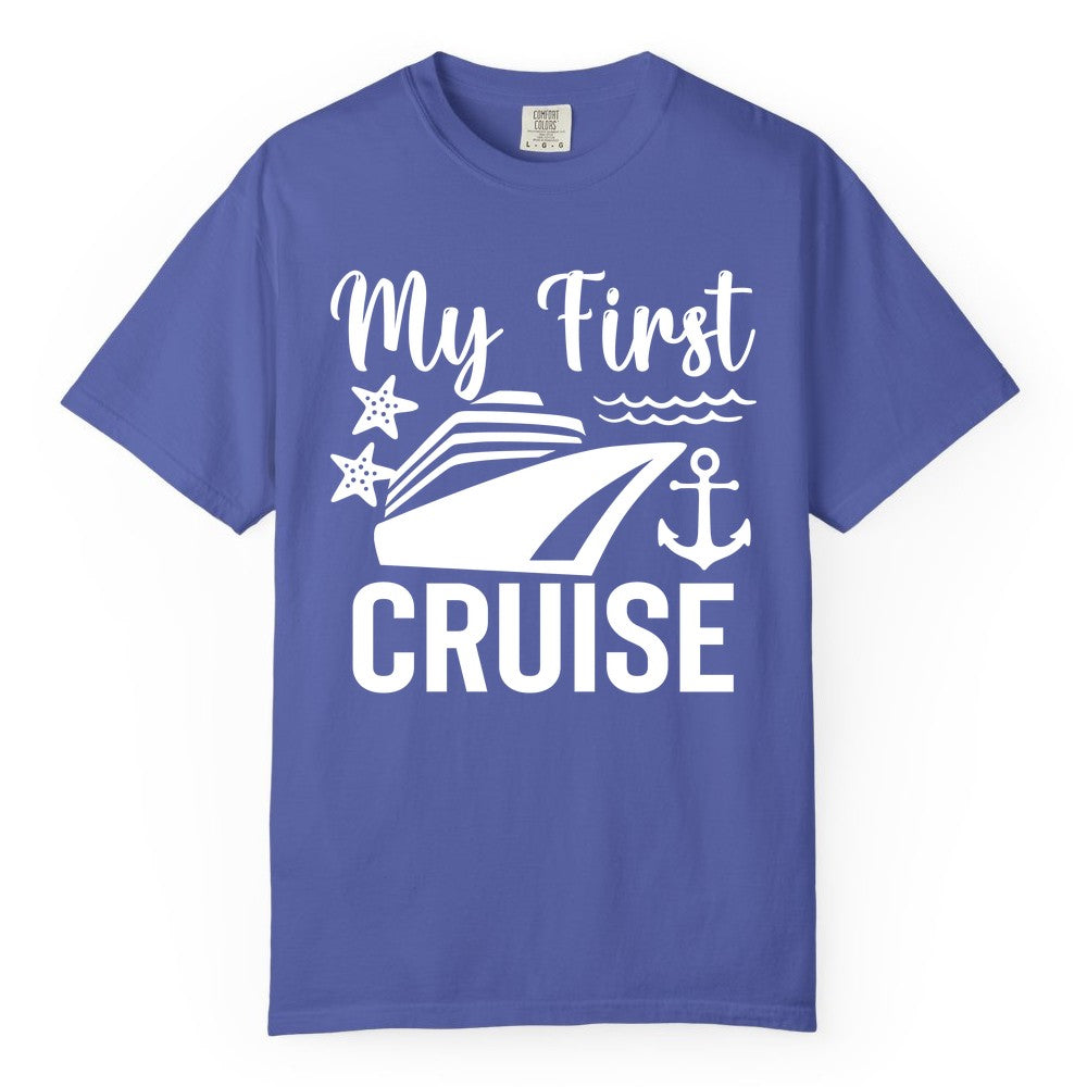 My First Cruise Shirt - Nautical Tee for First Time Cruisers (Comfort Color) in Periwinkle - My First Cruise Shirt - Nautical Ship Anchor Starfish Waves Design