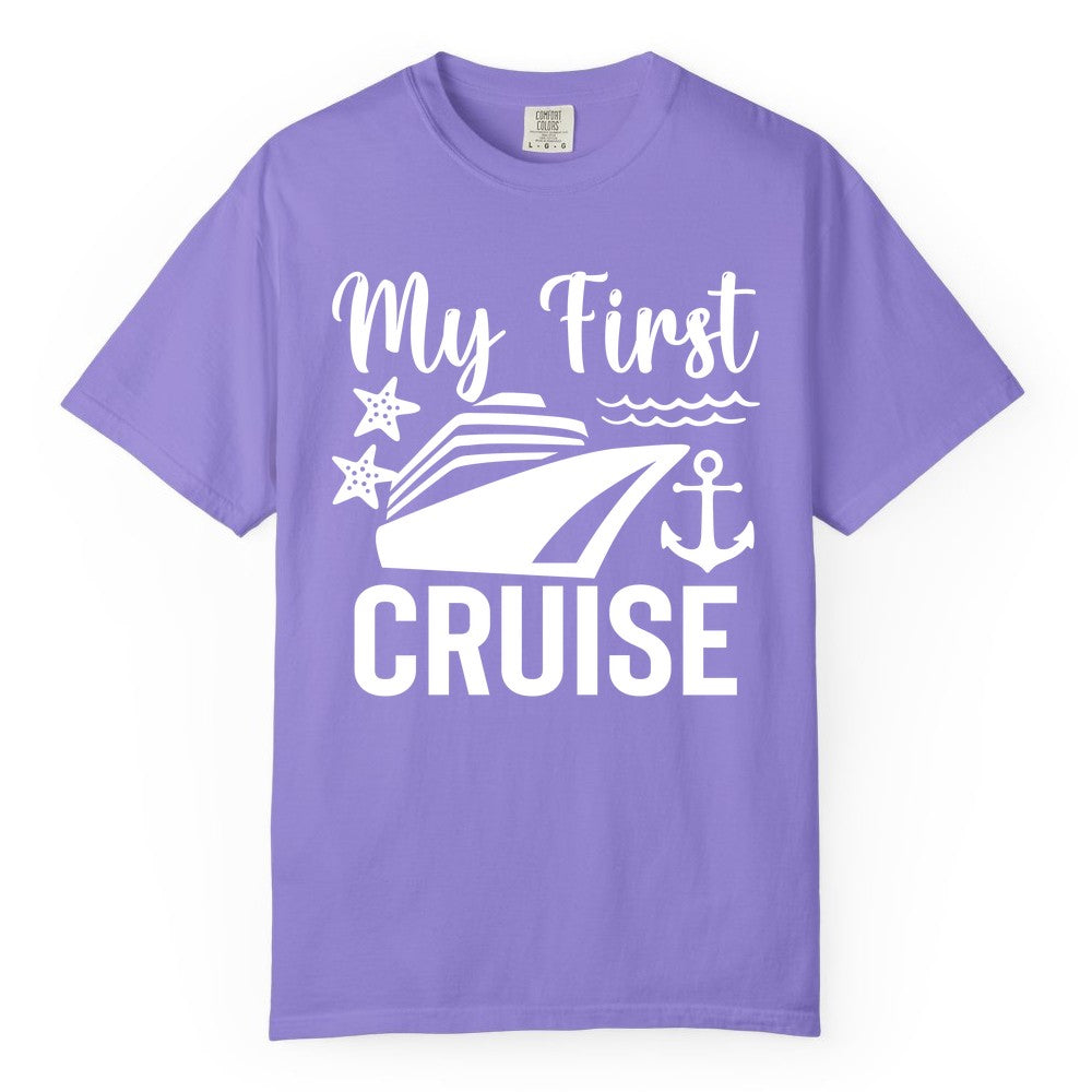 My First Cruise Shirt - Nautical Tee for First Time Cruisers (Comfort Color) in Violet - My First Cruise Shirt - Nautical Ship Anchor Starfish Waves Design