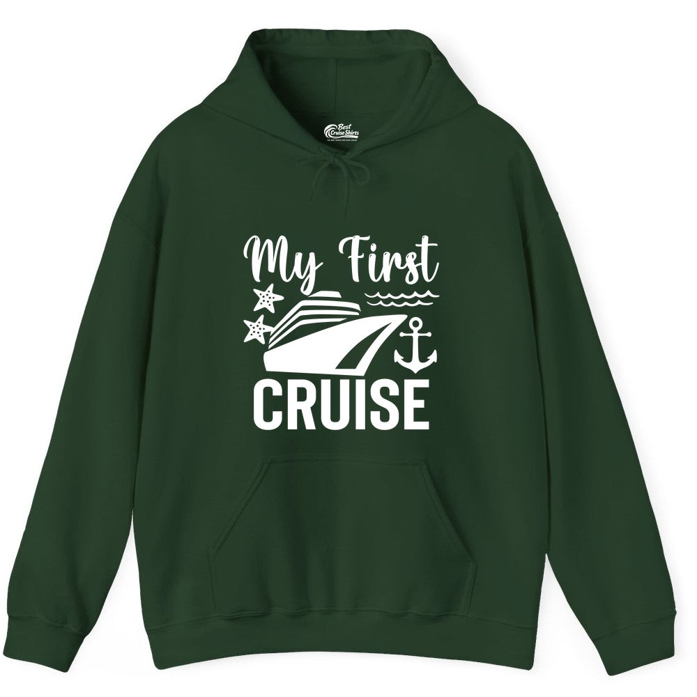 My First Cruise Shirt - Nautical Tee for First Time Cruisers (Hoodie) in Forest Green - My First Cruise Shirt - Nautical Ship Anchor Starfish Waves Design