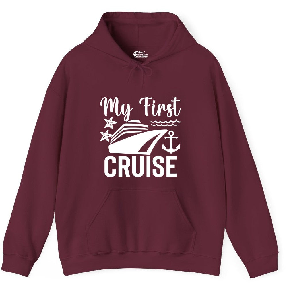 My First Cruise Shirt - Nautical Tee for First Time Cruisers (Hoodie) in Maroon - My First Cruise Shirt - Nautical Ship Anchor Starfish Waves Design