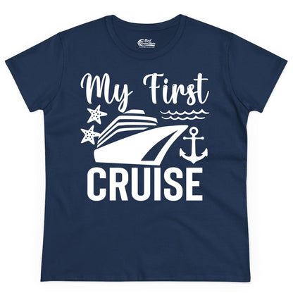My First Cruise Shirt - Nautical Tee for First Time Cruisers (Ladies Tee) in Navy - My First Cruise Shirt - Nautical Ship Anchor Starfish Waves Design