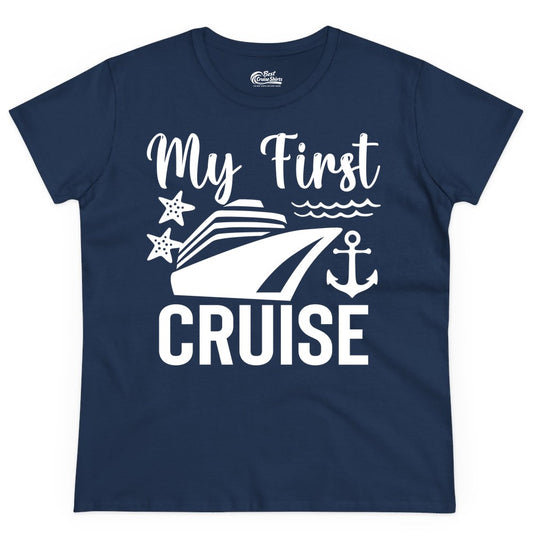 My First Cruise Shirt - Nautical Tee for First Time Cruisers (Ladies Tee) in Navy - My First Cruise Shirt - Nautical Ship Anchor Starfish Waves Design