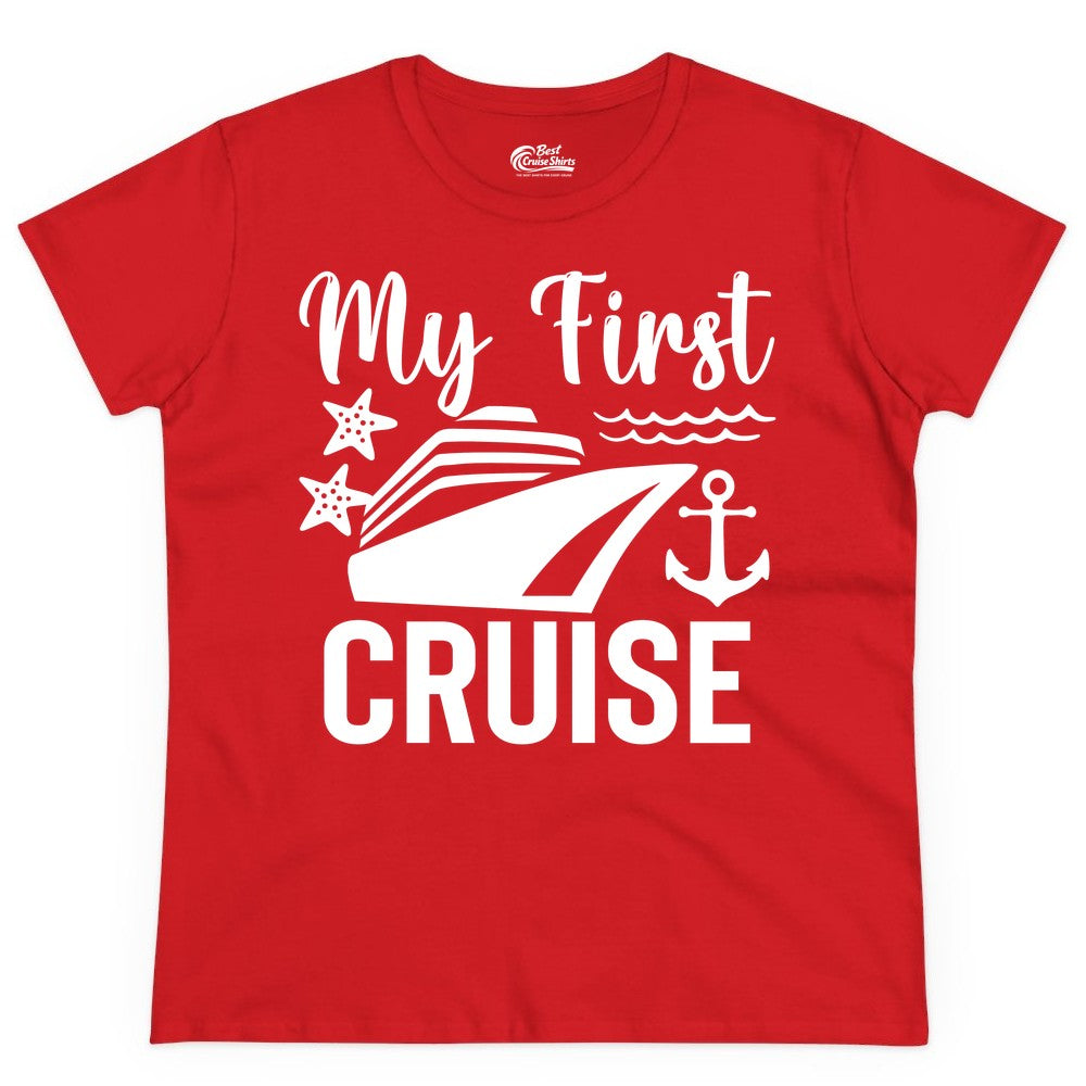 My First Cruise Shirt - Nautical Tee for First Time Cruisers (Ladies Tee) in Red - My First Cruise Shirt - Nautical Ship Anchor Starfish Waves Design