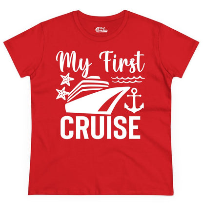 My First Cruise Shirt - Nautical Tee for First Time Cruisers (Ladies Tee) in Red - My First Cruise Shirt - Nautical Ship Anchor Starfish Waves Design