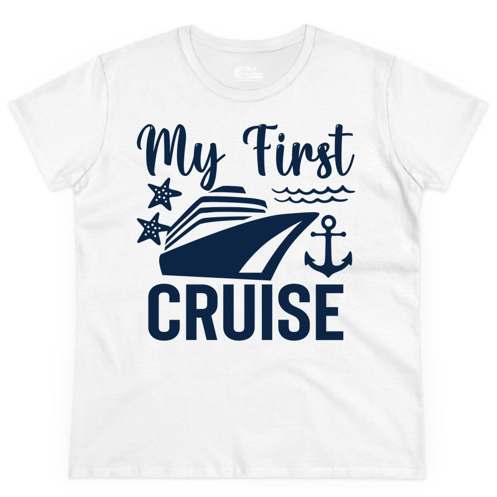 My First Cruise Shirt - Nautical Tee for First Time Cruisers (Ladies Tee) in White - My First Cruise Shirt - Nautical Ship Anchor Starfish Waves Design