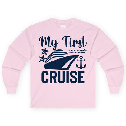 My First Cruise Shirt - Nautical Tee for First Time Cruisers (Long Sleeve) in Light Pink - My First Cruise Shirt - Nautical Ship Anchor Starfish Waves Design