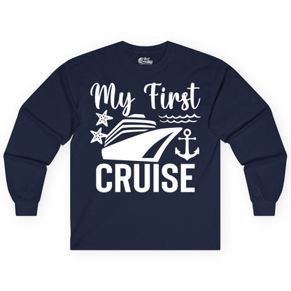 My First Cruise Shirt - Nautical Tee for First Time Cruisers (Long Sleeve) in Navy - My First Cruise Shirt - Nautical Ship Anchor Starfish Waves Design