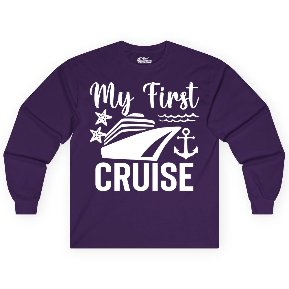 My First Cruise Shirt - Nautical Tee for First Time Cruisers (Long Sleeve) in Purple - My First Cruise Shirt - Nautical Ship Anchor Starfish Waves Design