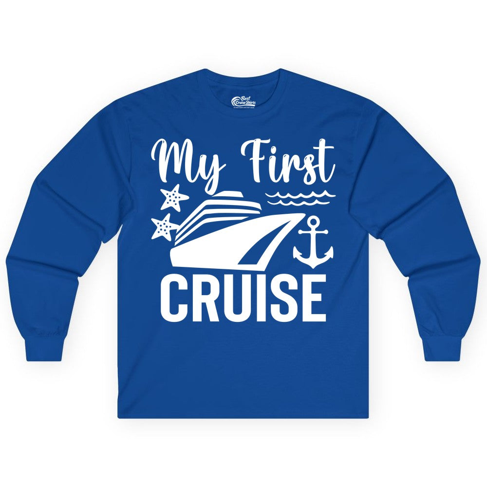 My First Cruise Shirt - Nautical Tee for First Time Cruisers (Long Sleeve) in Royal - My First Cruise Shirt - Nautical Ship Anchor Starfish Waves Design
