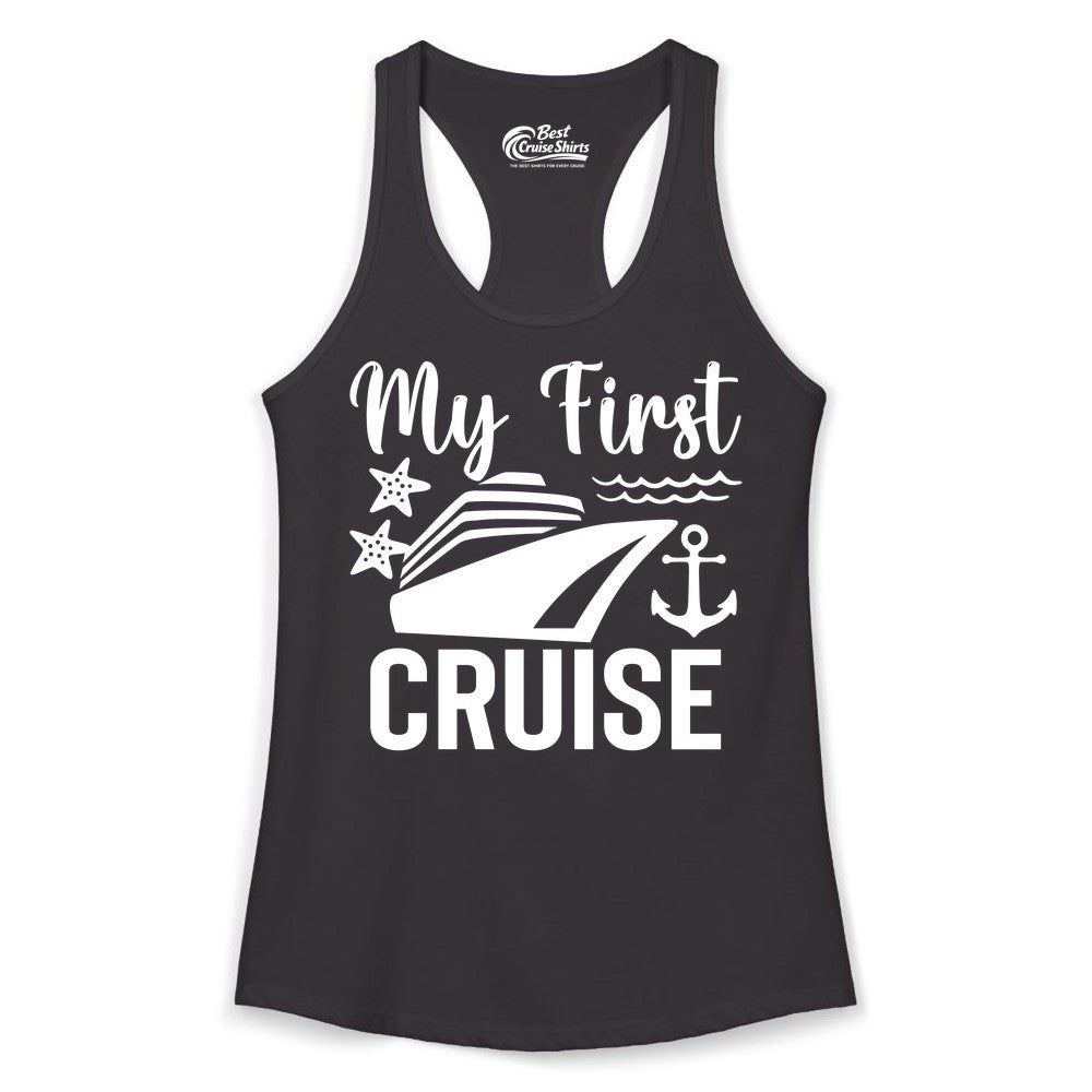 My First Cruise Shirt - Nautical Tee for First Time Cruisers (Ladies Tank) in Black - My First Cruise Shirt - Nautical Ship Anchor Starfish Waves Design