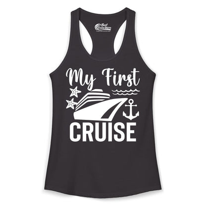 My First Cruise Shirt - Nautical Tee for First Time Cruisers (Ladies Tank) in Black - My First Cruise Shirt - Nautical Ship Anchor Starfish Waves Design