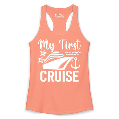 My First Cruise Shirt - Nautical Tee for First Time Cruisers (Ladies Tank) in Solid Light Orange - My First Cruise Shirt - Nautical Ship Anchor Starfish Waves Design