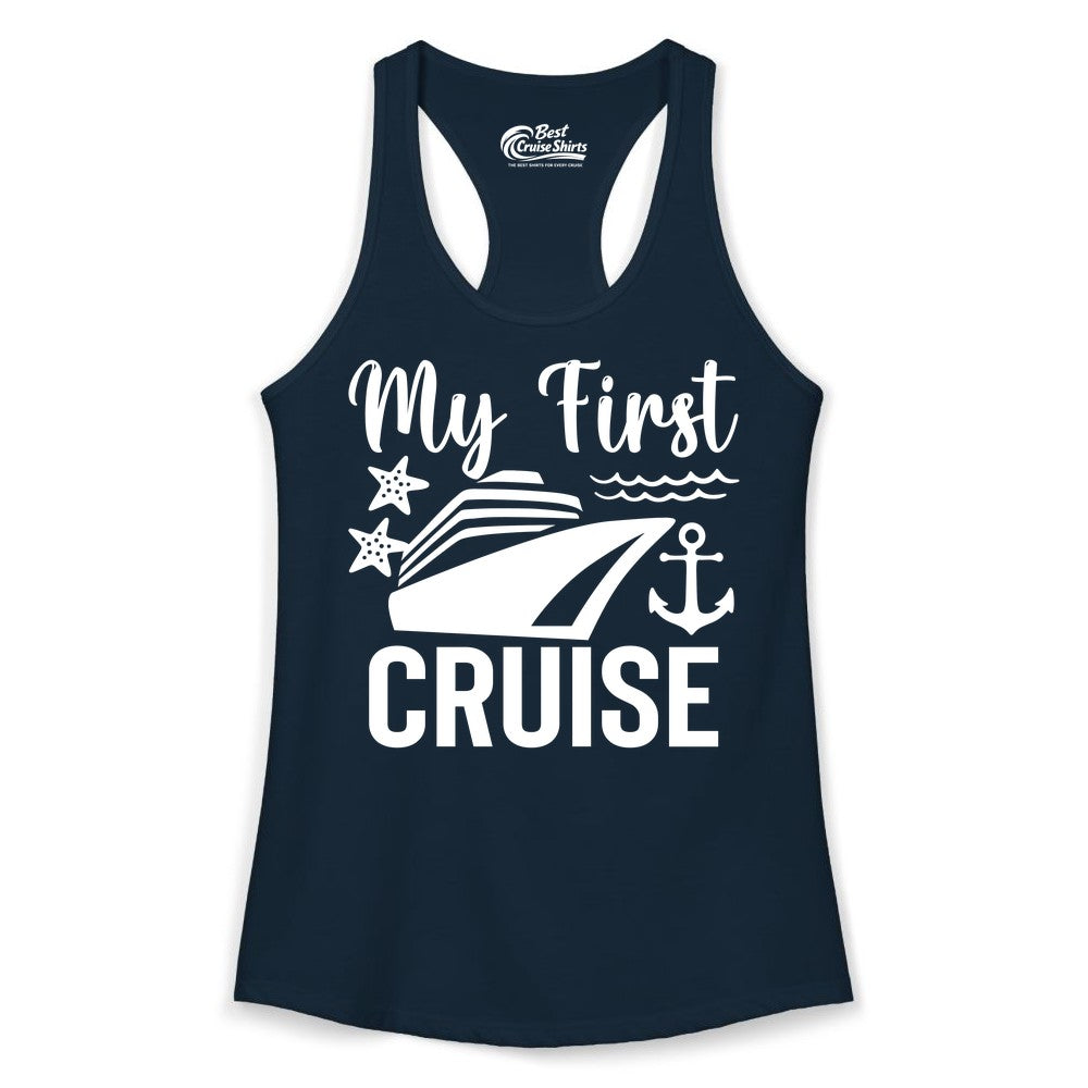 My First Cruise Shirt - Nautical Tee for First Time Cruisers (Ladies Tank) in Solid Midnight Navy - My First Cruise Shirt - Nautical Ship Anchor Starfish Waves Design