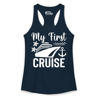 My First Cruise Shirt - Nautical Tee for First Time Cruisers (Ladies Tank) in Solid Midnight Navy - My First Cruise Shirt - Nautical Ship Anchor Starfish Waves Design