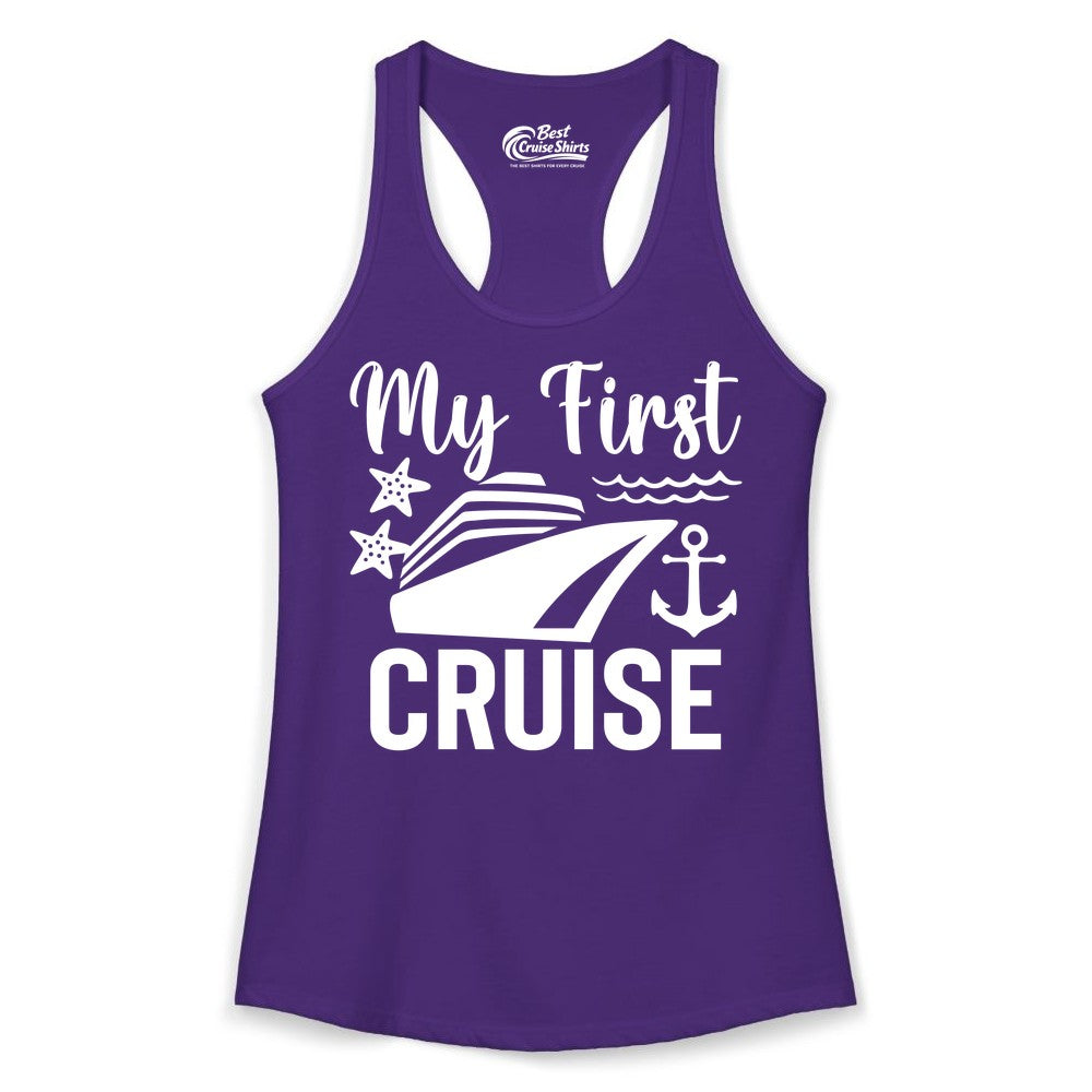 My First Cruise Shirt - Nautical Tee for First Time Cruisers (Ladies Tank) in Solid Purple Rush - My First Cruise Shirt - Nautical Ship Anchor Starfish Waves Design
