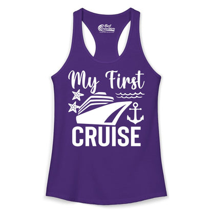 My First Cruise Shirt - Nautical Tee for First Time Cruisers (Ladies Tank) in Solid Purple Rush - My First Cruise Shirt - Nautical Ship Anchor Starfish Waves Design