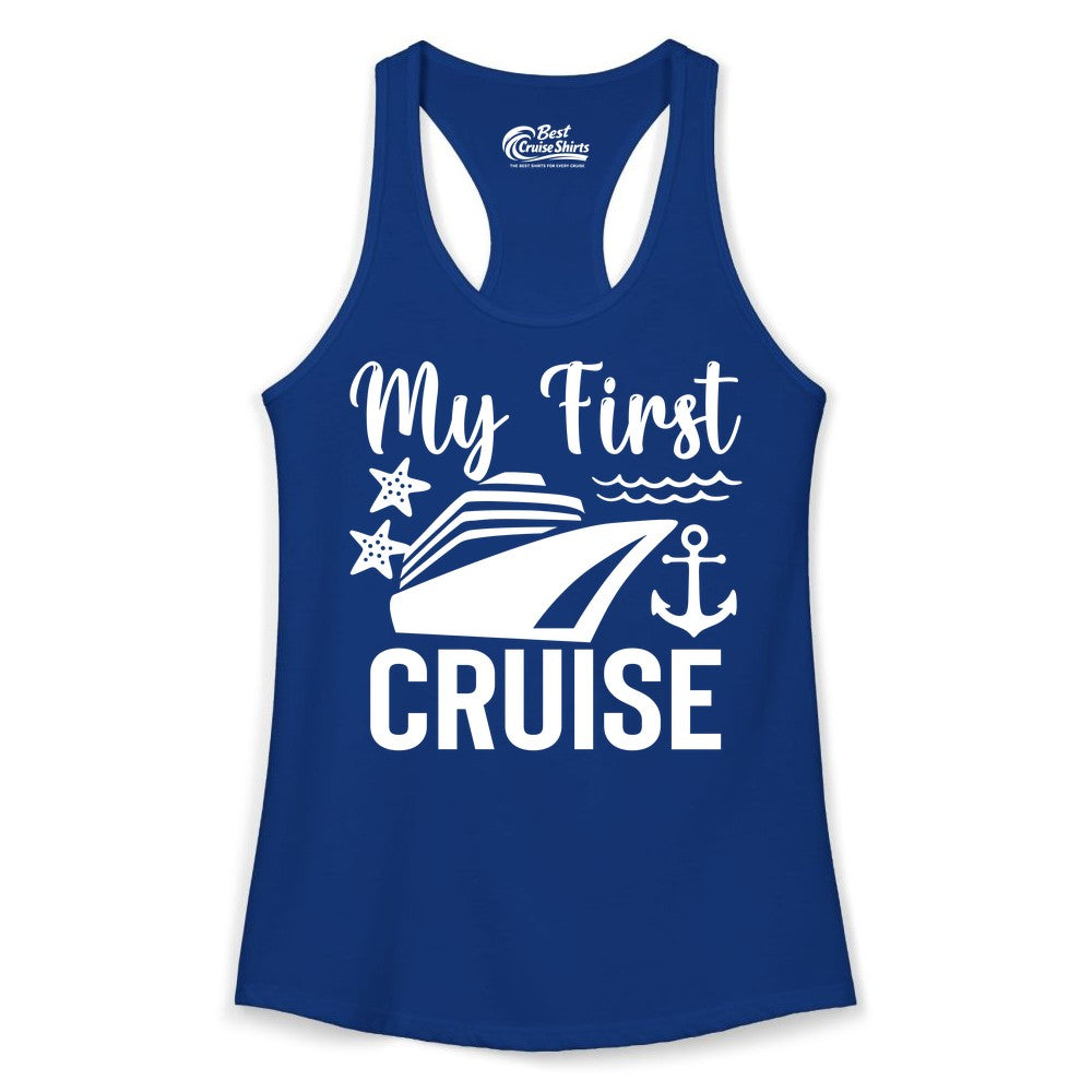 My First Cruise Shirt - Nautical Tee for First Time Cruisers (Ladies Tank) in Solid Royal - My First Cruise Shirt - Nautical Ship Anchor Starfish Waves Design