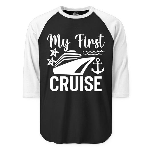 My First Cruise Shirt - Nautical Tee for First Time Cruisers (Raglan) in BlackWhite - My First Cruise Shirt - Nautical Ship Anchor Starfish Waves Design