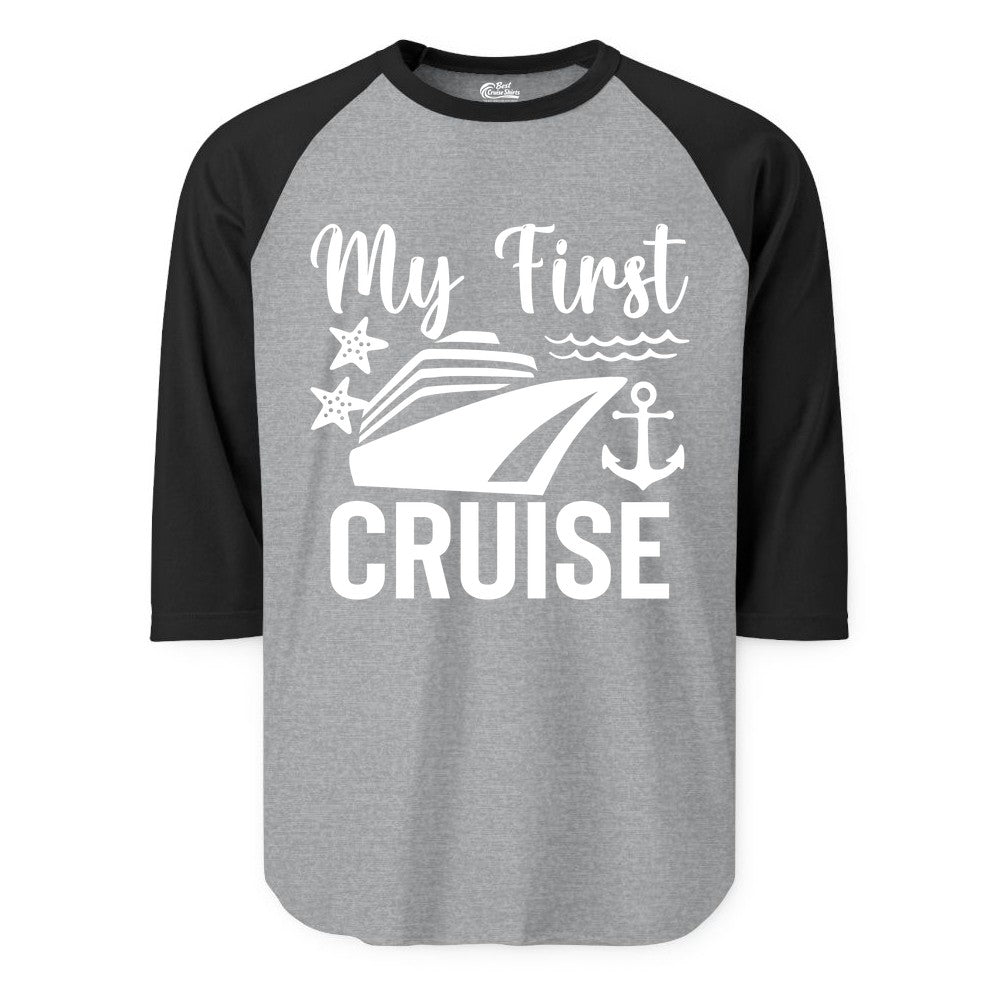 My First Cruise Shirt - Nautical Tee for First Time Cruisers (Raglan) in Heather GreyBlack - My First Cruise Shirt - Nautical Ship Anchor Starfish Waves Design