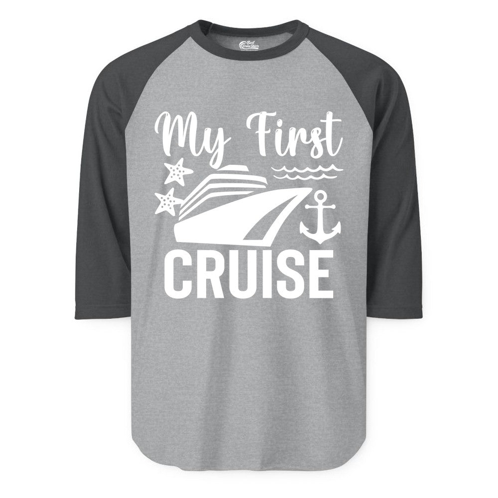 My First Cruise Shirt - Nautical Tee for First Time Cruisers (Raglan) in Heather GreyHeather Charcoal - My First Cruise Shirt - Nautical Ship Anchor Starfish Waves Design
