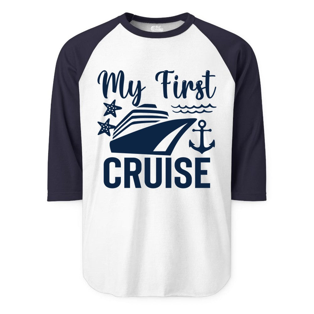 My First Cruise Shirt - Nautical Tee for First Time Cruisers (Raglan) in WhiteNavy - My First Cruise Shirt - Nautical Ship Anchor Starfish Waves Design