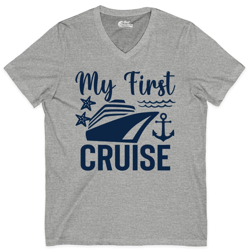 My First Cruise Shirt - Nautical Tee for First Time Cruisers (V-Neck) in Athletic Heather - My First Cruise Shirt - Nautical Ship Anchor Starfish Waves Design