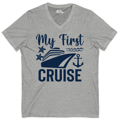 My First Cruise Shirt - Nautical Tee for First Time Cruisers (V-Neck) in Athletic Heather - My First Cruise Shirt - Nautical Ship Anchor Starfish Waves Design