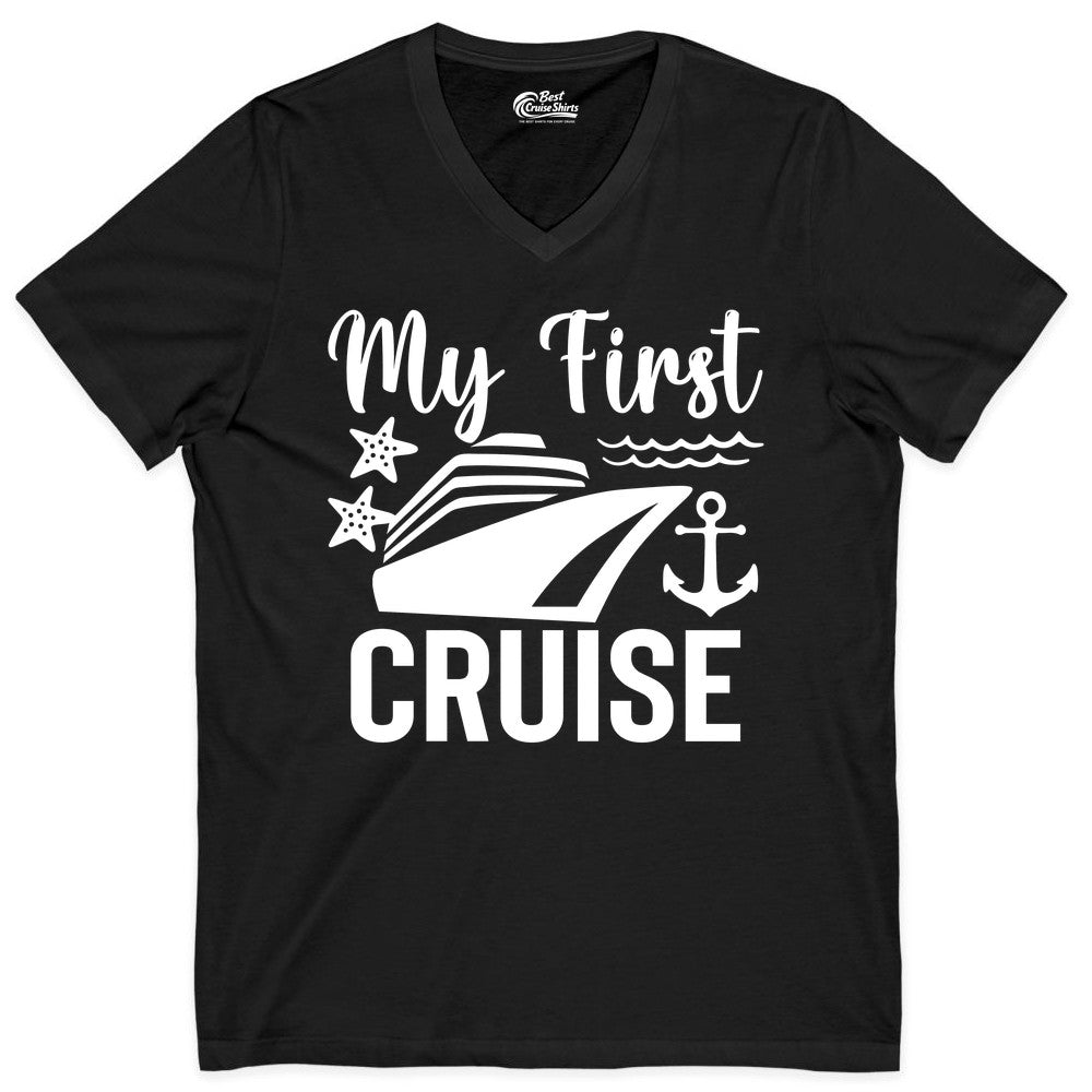 My First Cruise Shirt - Nautical Tee for First Time Cruisers (V-Neck) in Black - My First Cruise Shirt - Nautical Ship Anchor Starfish Waves Design