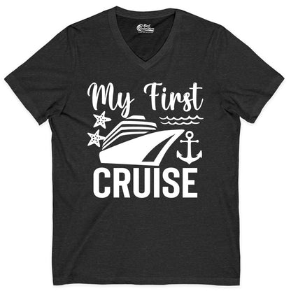My First Cruise Shirt - Nautical Tee for First Time Cruisers (V-Neck) in Dark Grey Heather - My First Cruise Shirt - Nautical Ship Anchor Starfish Waves Design