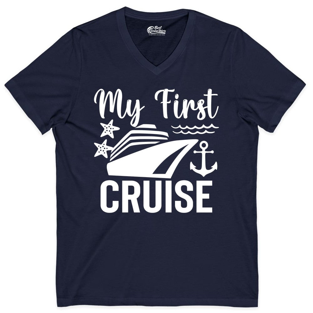 My First Cruise Shirt - Nautical Tee for First Time Cruisers (V-Neck) in Navy - My First Cruise Shirt - Nautical Ship Anchor Starfish Waves Design