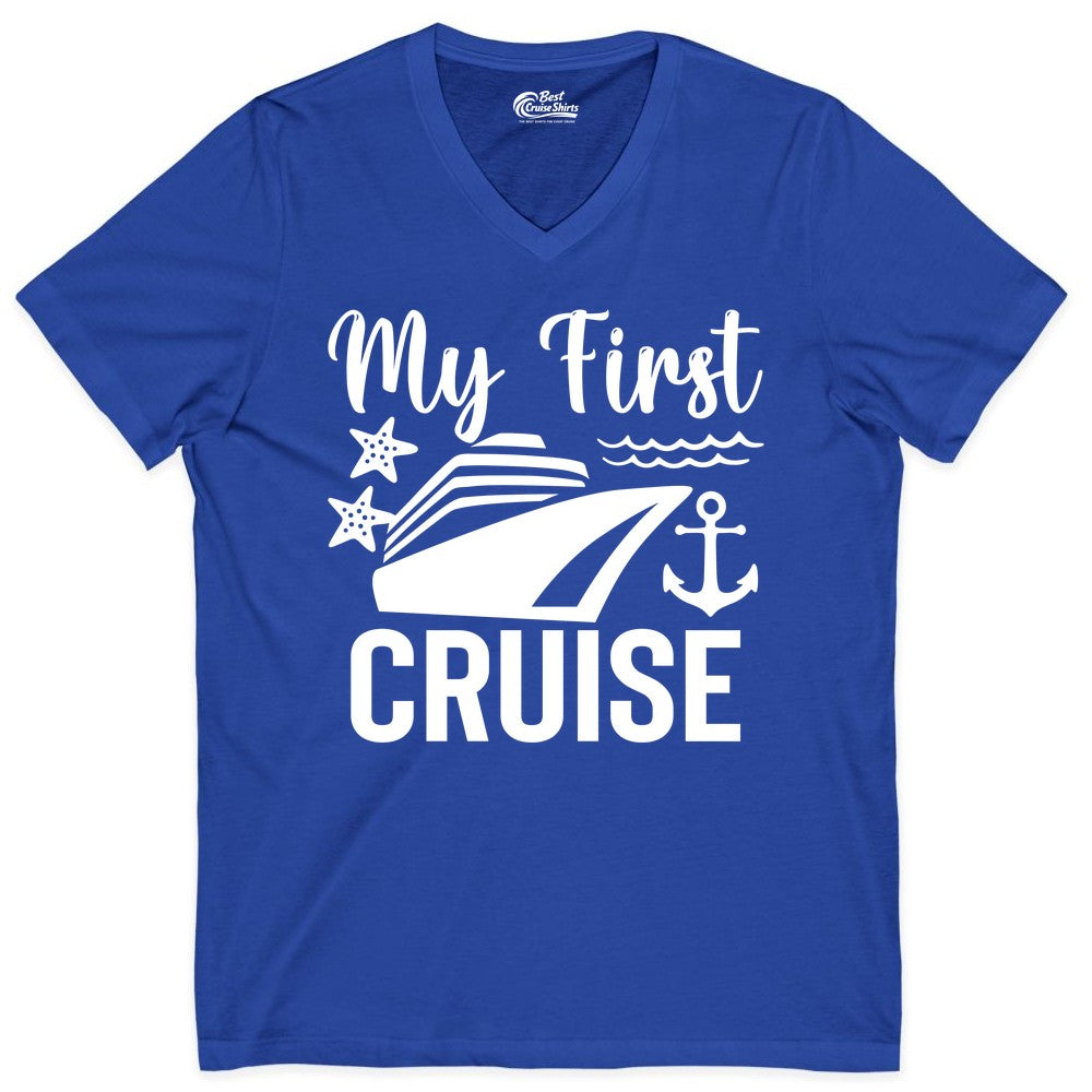 My First Cruise Shirt - Nautical Tee for First Time Cruisers (V-Neck) in True Royal - My First Cruise Shirt - Nautical Ship Anchor Starfish Waves Design