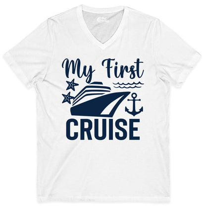 My First Cruise Shirt - Nautical Tee for First Time Cruisers (V-Neck) in White - My First Cruise Shirt - Nautical Ship Anchor Starfish Waves Design