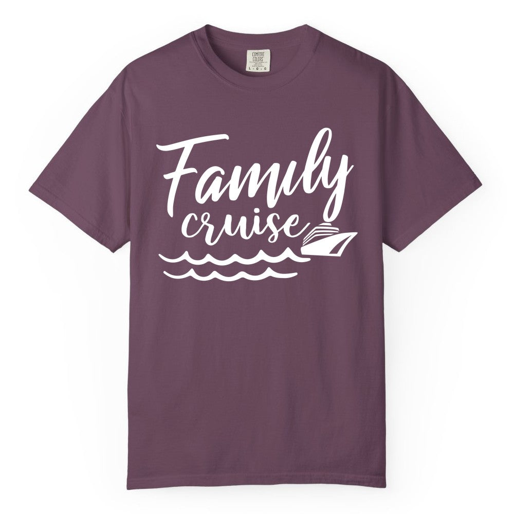 Family Cruise Shirt - Nautical Cruise Vacation Shirt for Families (Comfort Color) in Berry - Family Cruise Shirt - Nautical Script Font With Waves And Ship Graphic