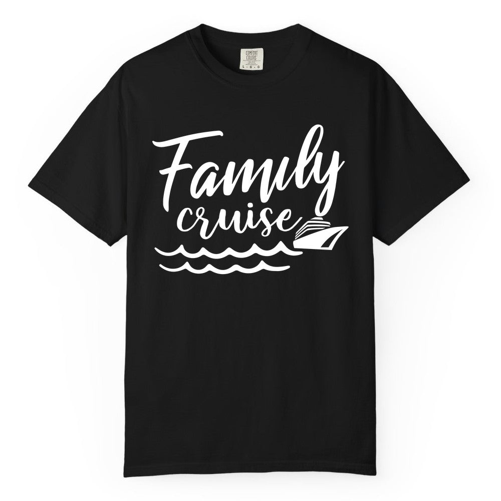 Family Cruise Shirt - Nautical Cruise Vacation Shirt for Families (Comfort Color) in Black - Family Cruise Shirt - Nautical Script Font With Waves And Ship Graphic