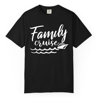 Family Cruise Shirt - Nautical Cruise Vacation Shirt for Families (Comfort Color) in Black - Family Cruise Shirt - Nautical Script Font With Waves And Ship Graphic