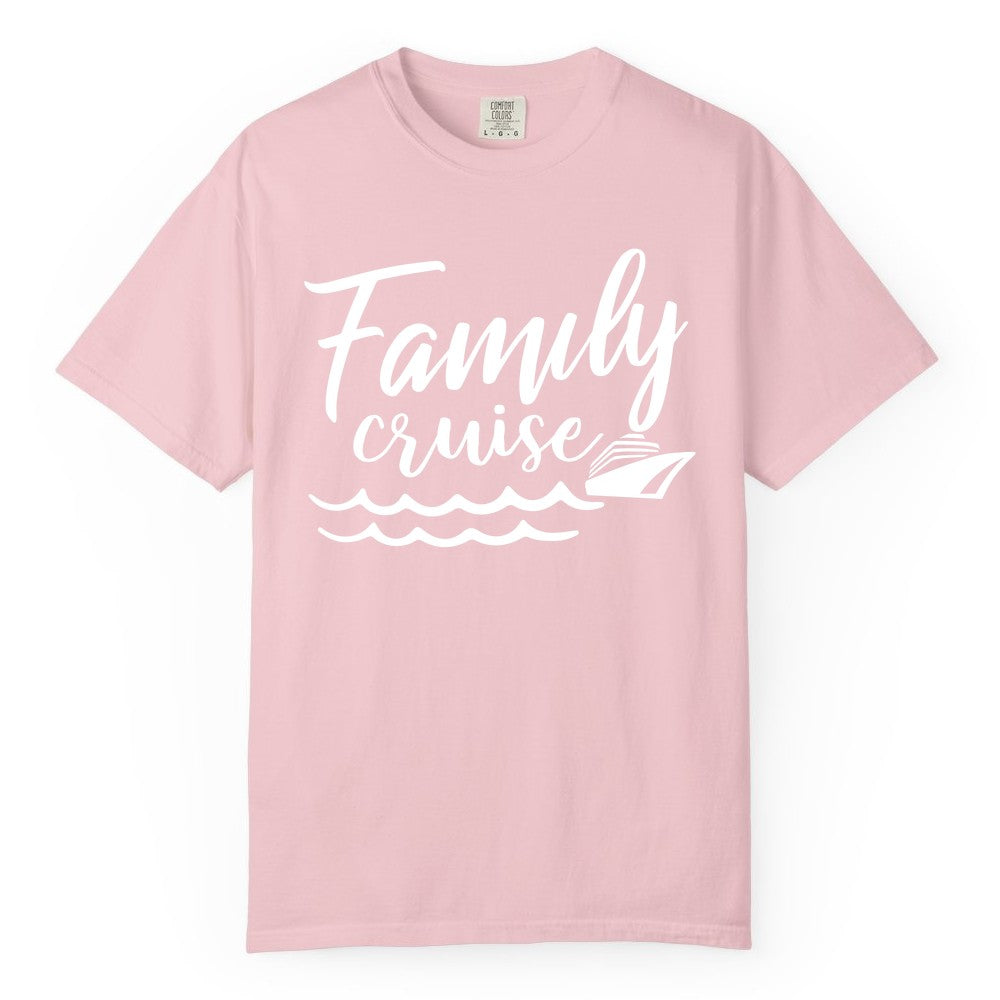 Family Cruise Shirt - Nautical Cruise Vacation Shirt for Families (Comfort Color) in Blossom - Family Cruise Shirt - Nautical Script Font With Waves And Ship Graphic