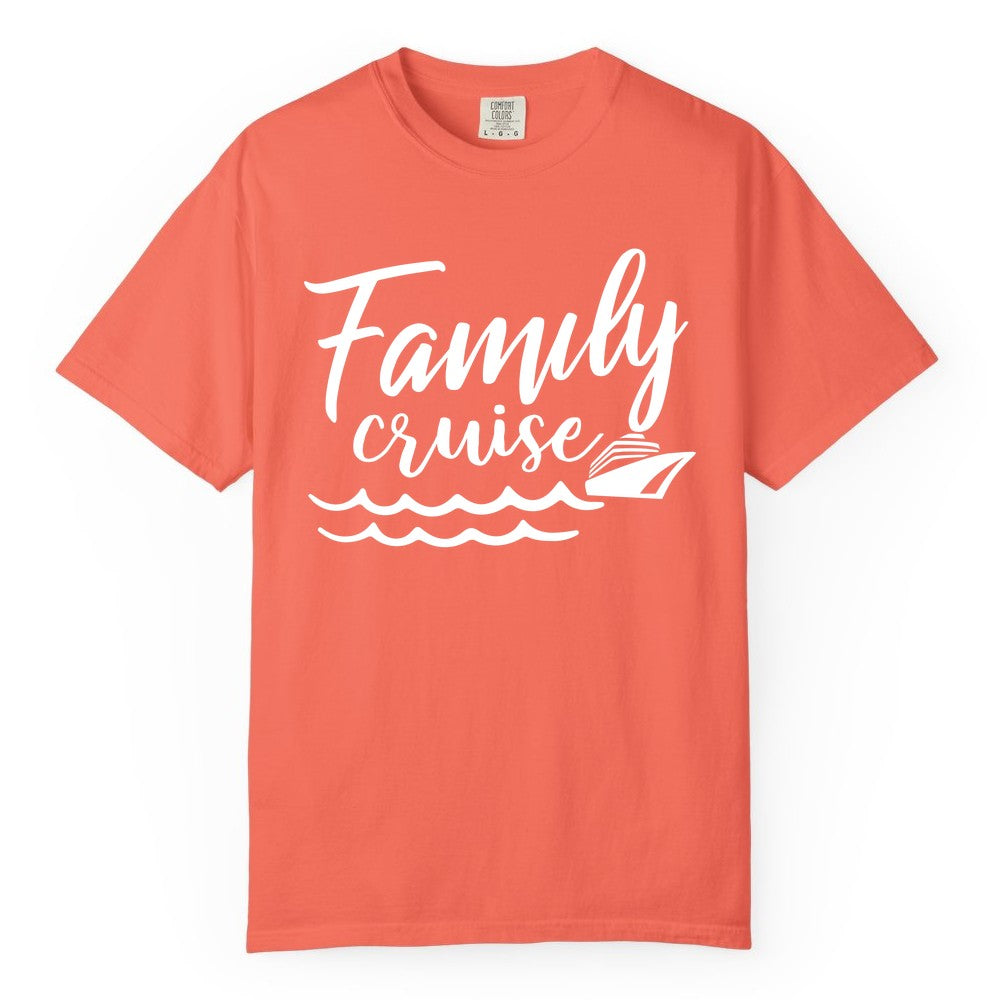 Family Cruise Shirt - Nautical Cruise Vacation Shirt for Families (Comfort Color) in Bright Salmon - Family Cruise Shirt - Nautical Script Font With Waves And Ship Graphic