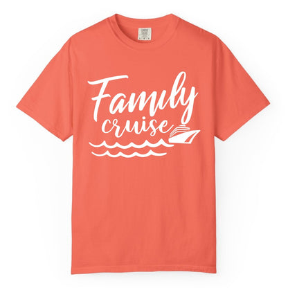Family Cruise Shirt - Nautical Cruise Vacation Shirt for Families (Comfort Color) in Bright Salmon - Family Cruise Shirt - Nautical Script Font With Waves And Ship Graphic