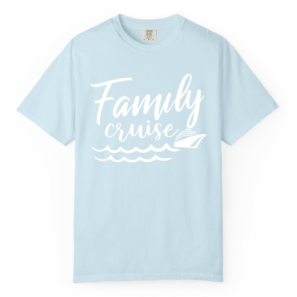 Family Cruise Shirt - Nautical Cruise Vacation Shirt for Families (Comfort Color) in Chambray - Family Cruise Shirt - Nautical Script Font With Waves And Ship Graphic