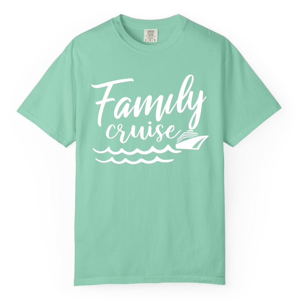 Family Cruise Shirt - Nautical Cruise Vacation Shirt for Families (Comfort Color) in Island Reef - Family Cruise Shirt - Nautical Script Font With Waves And Ship Graphic