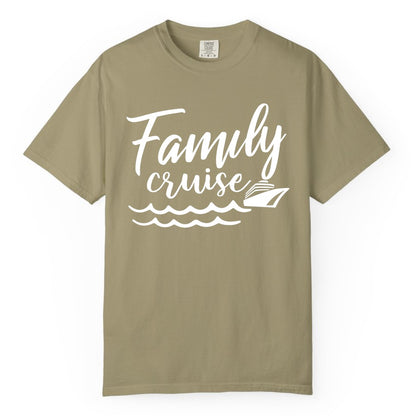 Family Cruise Shirt - Nautical Cruise Vacation Shirt for Families (Comfort Color) in Khaki - Family Cruise Shirt - Nautical Script Font With Waves And Ship Graphic