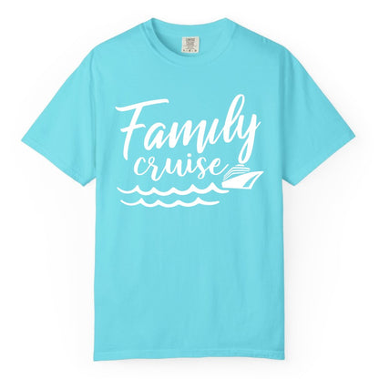 Family Cruise Shirt - Nautical Cruise Vacation Shirt for Families (Comfort Color) in Lagoon Blue - Family Cruise Shirt - Nautical Script Font With Waves And Ship Graphic