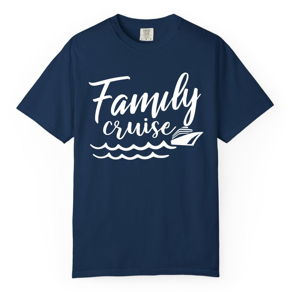 Family Cruise Shirt - Nautical Cruise Vacation Shirt for Families (Comfort Color) in Navy - Family Cruise Shirt - Nautical Script Font With Waves And Ship Graphic