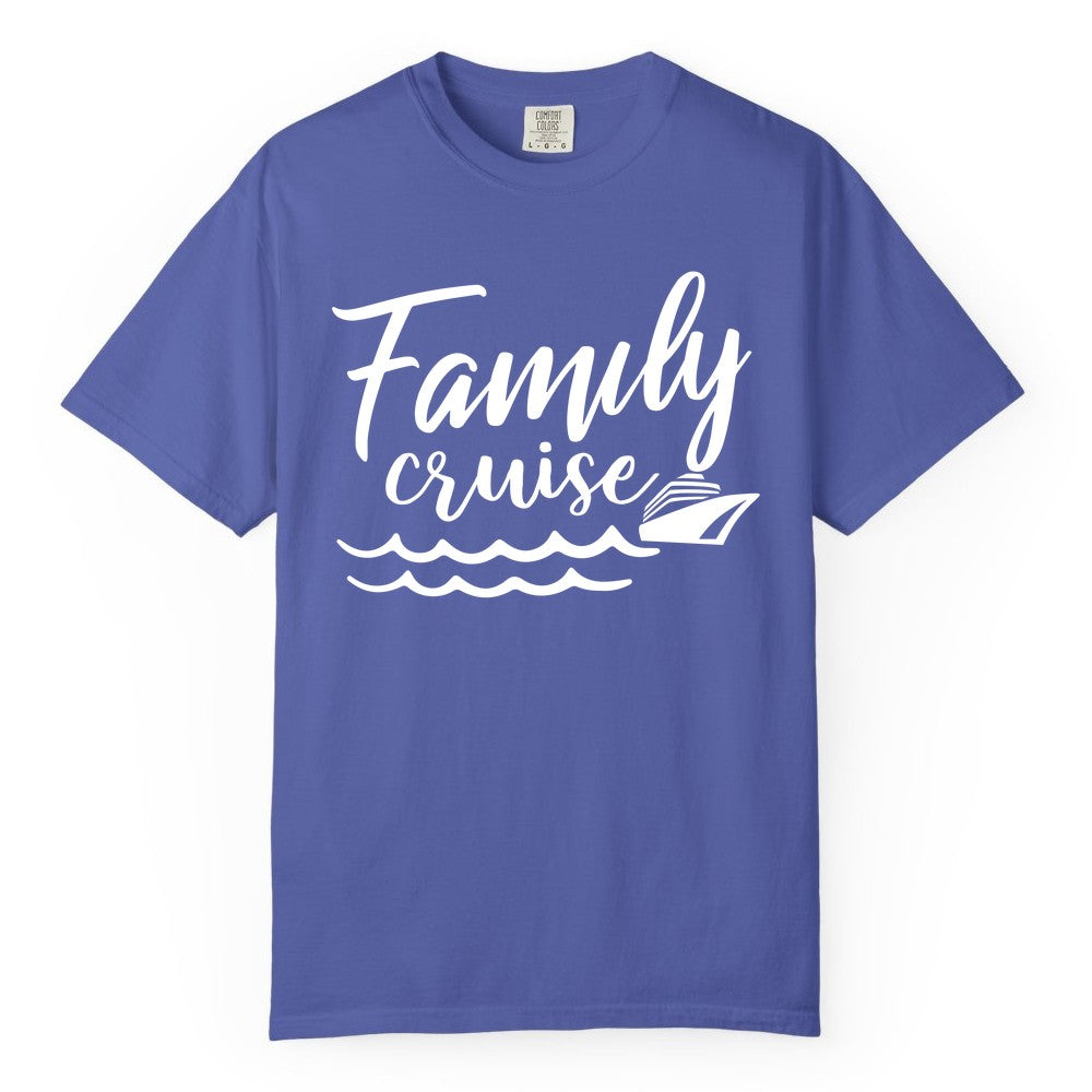 Family Cruise Shirt - Nautical Cruise Vacation Shirt for Families (Comfort Color) in Periwinkle - Family Cruise Shirt - Nautical Script Font With Waves And Ship Graphic
