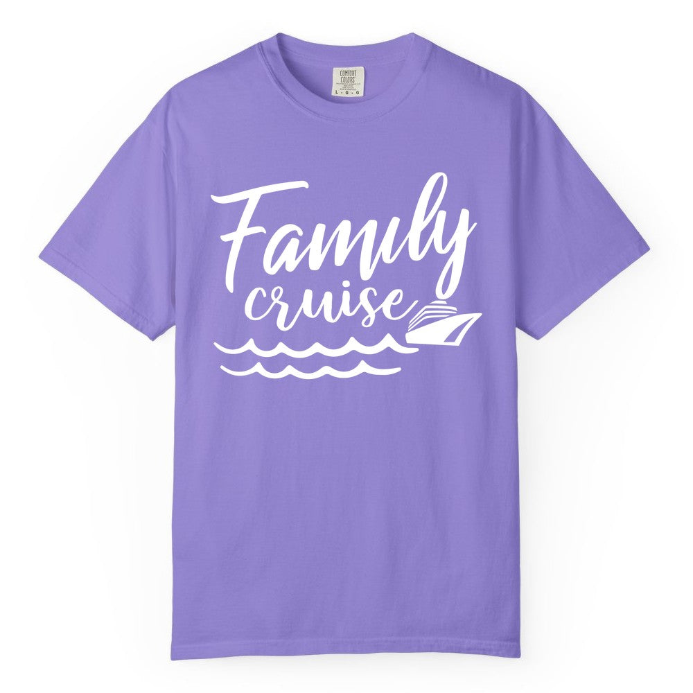 Family Cruise Shirt - Nautical Cruise Vacation Shirt for Families (Comfort Color) in Violet - Family Cruise Shirt - Nautical Script Font With Waves And Ship Graphic