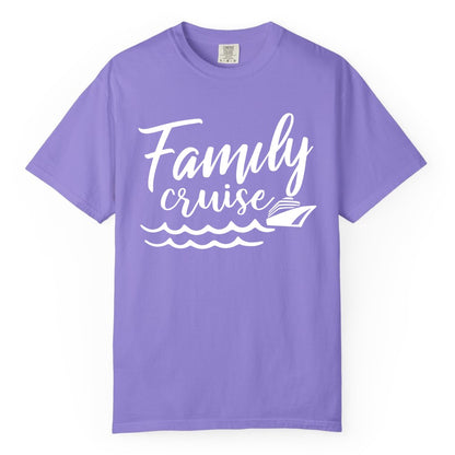 Family Cruise Shirt - Nautical Cruise Vacation Shirt for Families (Comfort Color) in Violet - Family Cruise Shirt - Nautical Script Font With Waves And Ship Graphic