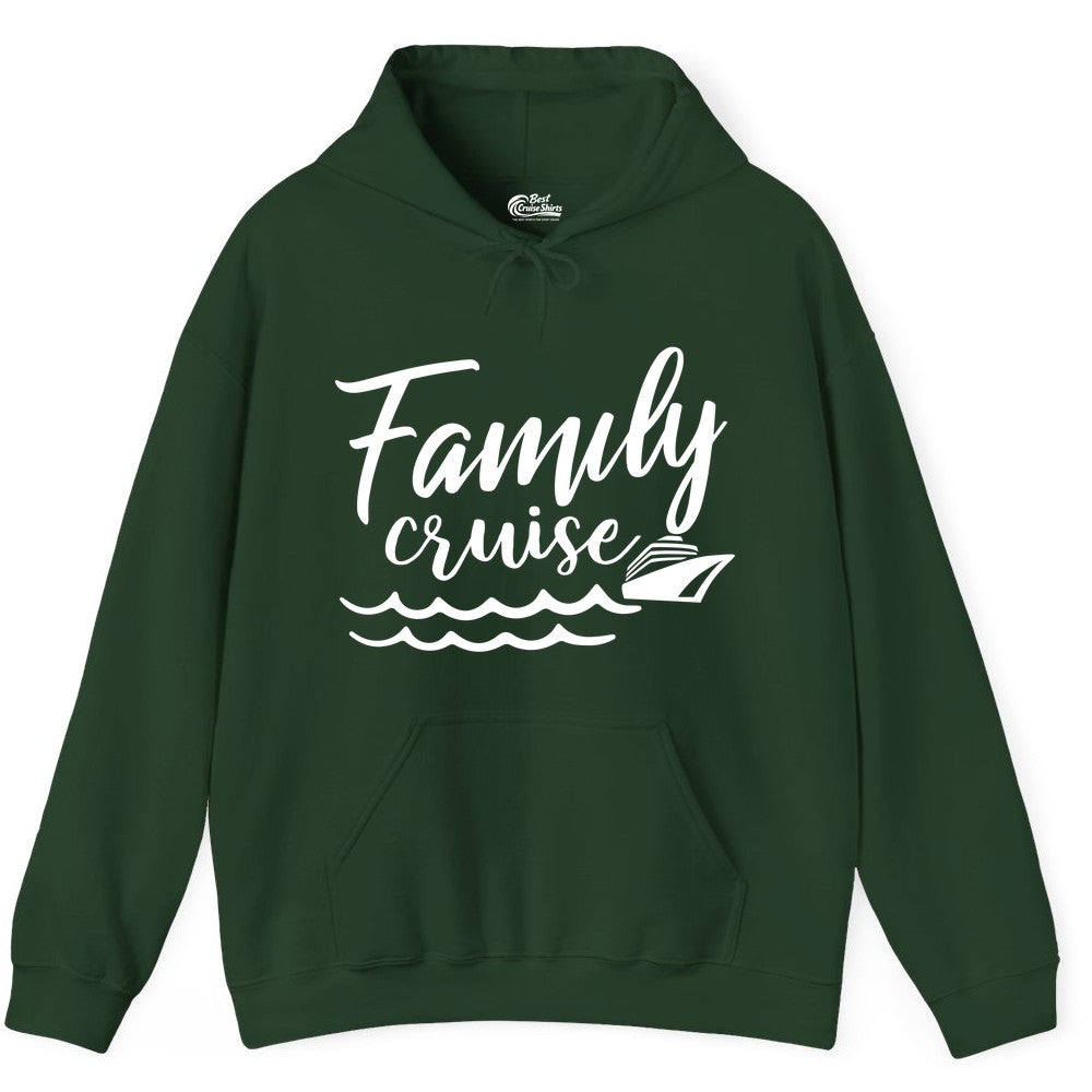 Family Cruise Shirt - Nautical Cruise Vacation Shirt for Families (Hoodie) in Forest Green - Family Cruise Shirt - Nautical Script Font With Waves And Ship Graphic
