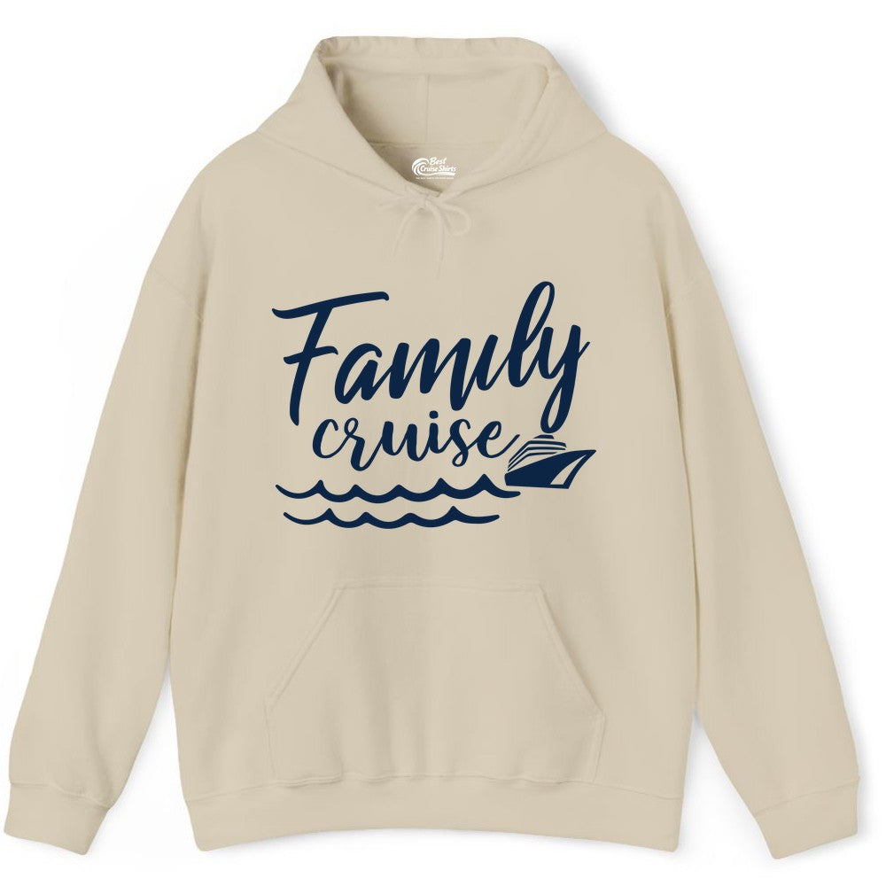 Family Cruise Shirt - Nautical Cruise Vacation Shirt for Families (Hoodie) in Sand - Family Cruise Shirt - Nautical Script Font With Waves And Ship Graphic