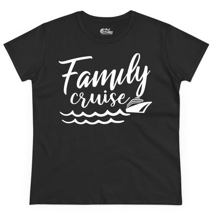 Family Cruise Shirt - Nautical Cruise Vacation Shirt for Families (Ladies Tee) in Black - Family Cruise Shirt - Nautical Script Font With Waves And Ship Graphic
